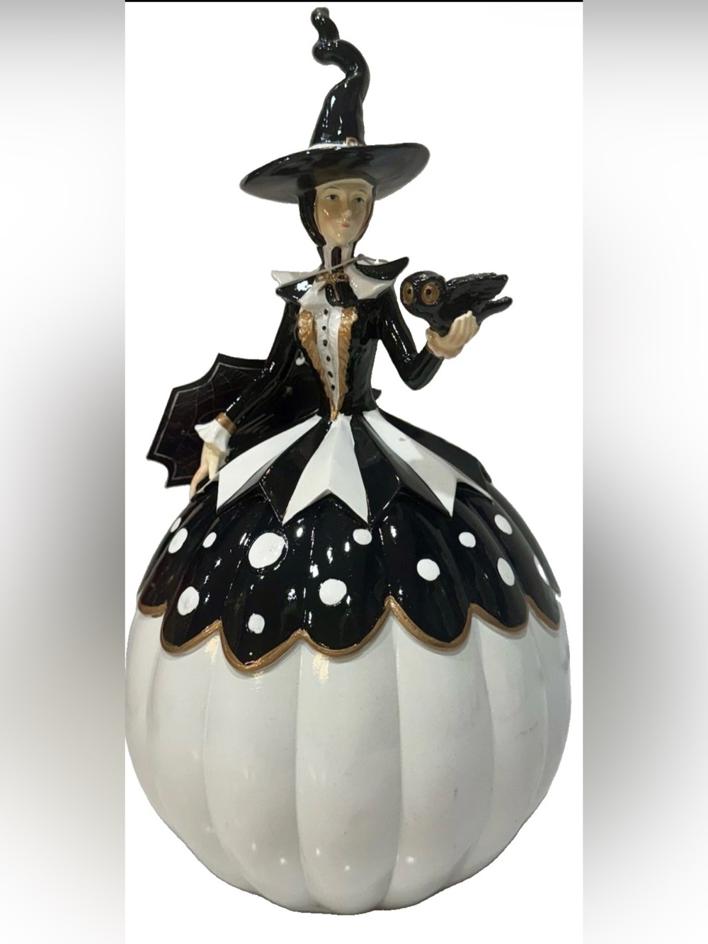 Bella Lux Halloween Witch Girl Pumpkin with Owl Figurine 10 inch Black White NWT